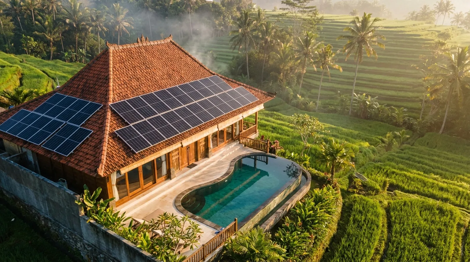 Aerial view of a Bali villa with solar panels on its roof surrounded by rice terraces