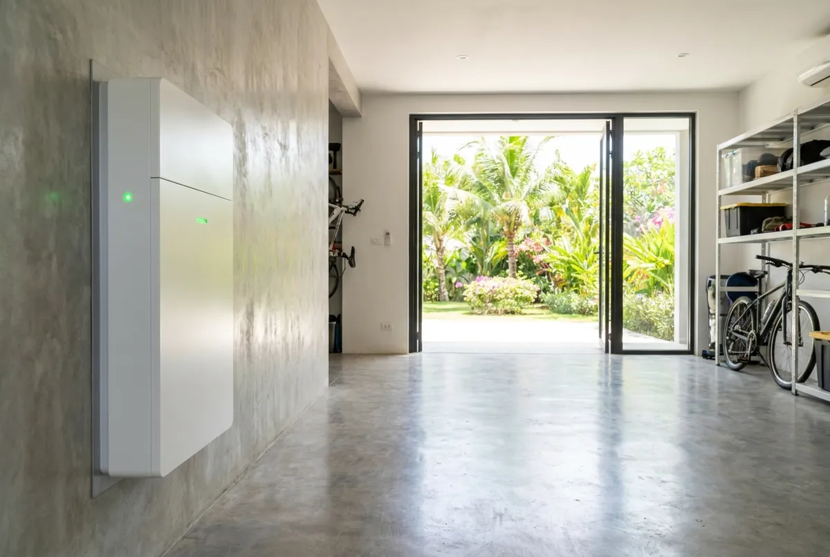 Wall-mounted LiFePO4 home battery storage system at a Bali residence