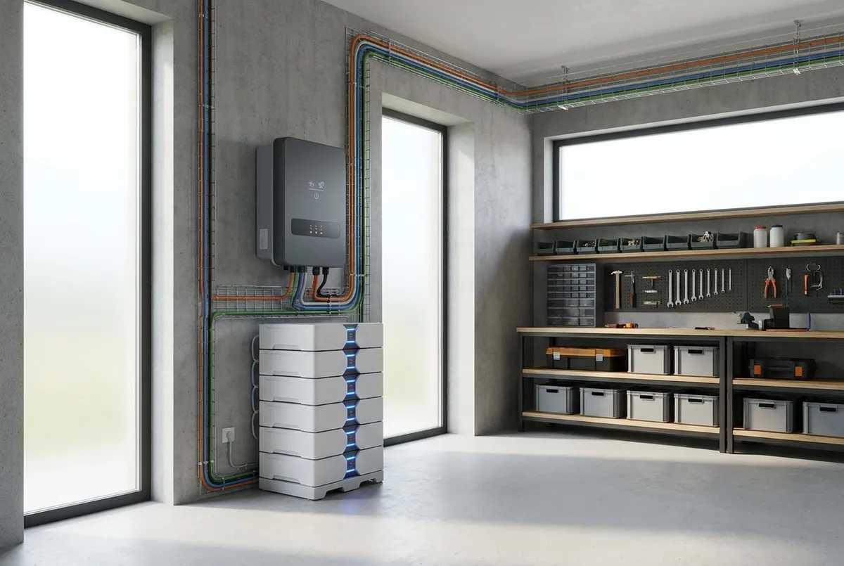 Hybrid solar inverter and LiFePO4 battery bank installed at a Bali villa