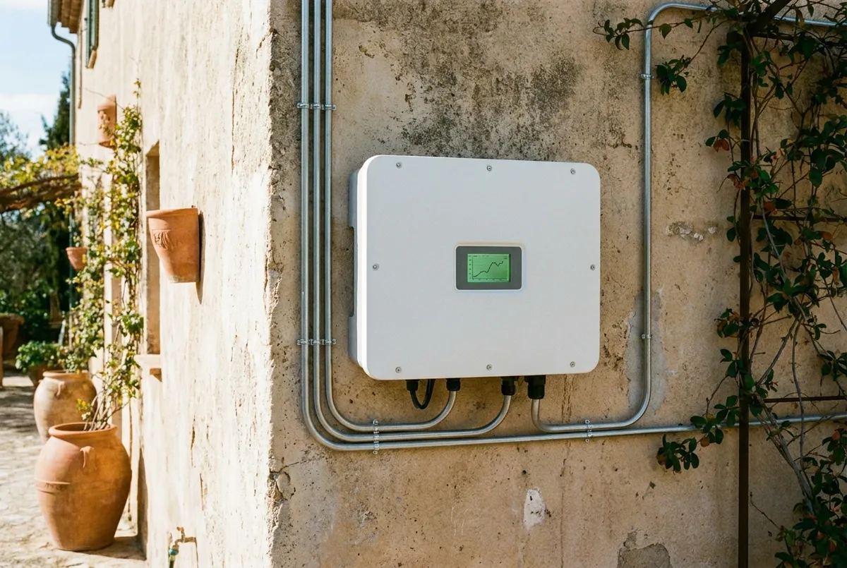 Solar technician diagnosing a wall-mounted string inverter at a Bali property