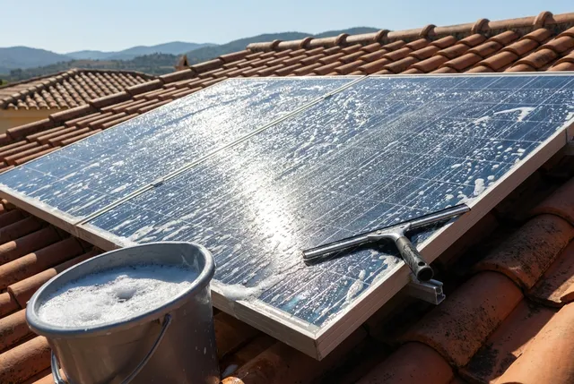Technician cleaning solar panels on a Bali roof