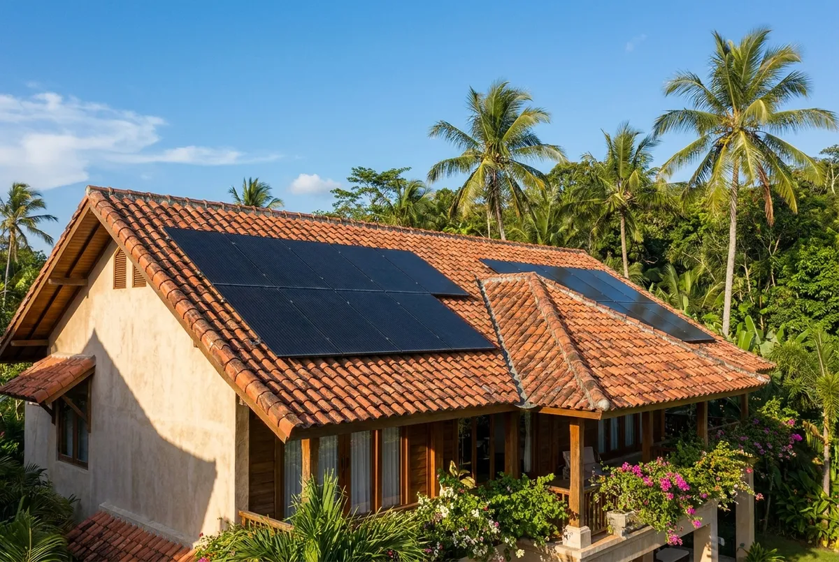 Tier-1 solar panels mounted on a clay tile villa roof in Bali