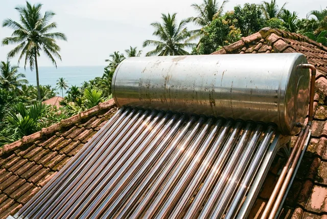 Solar water heater installed on a roof in Bali